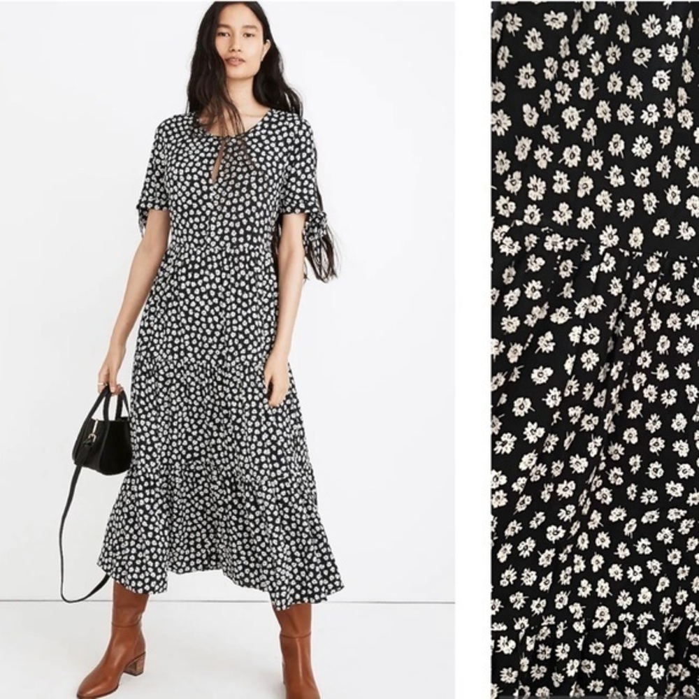 Madewell Black Floral Tie-Sleeve Tiered Midi Dress in Woodcut Flowers